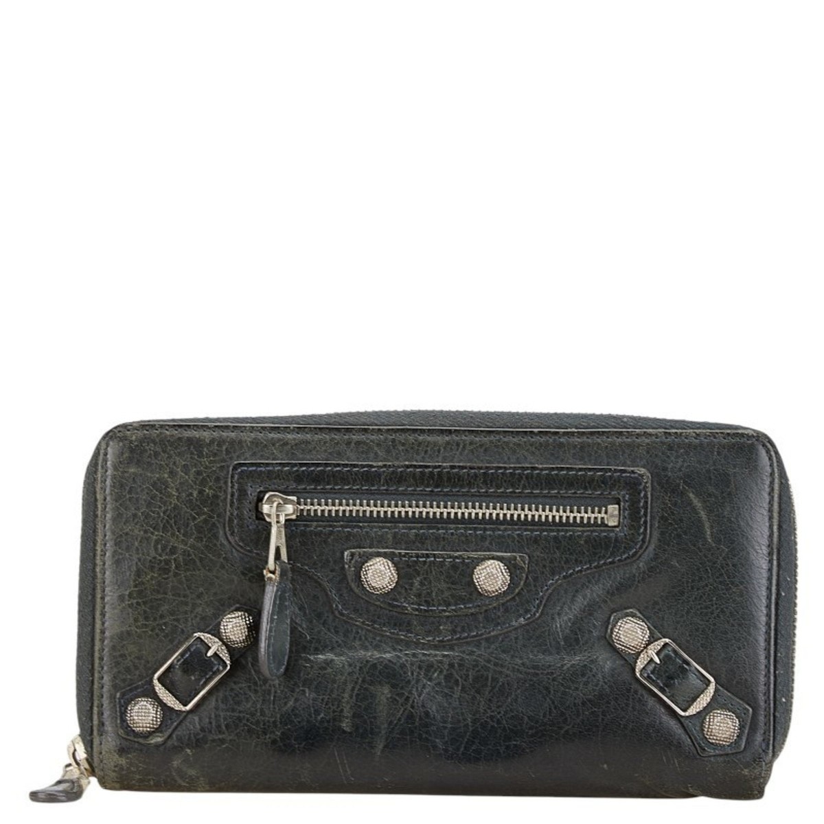 Balenciaga Studded Long Wallet Black Leather Women's