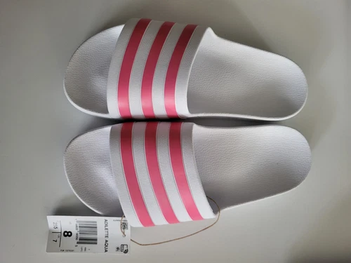 NUOVO! Adidas Adilette Aqua Slides donna taglia 8 bianco rosa righe slip on piscina