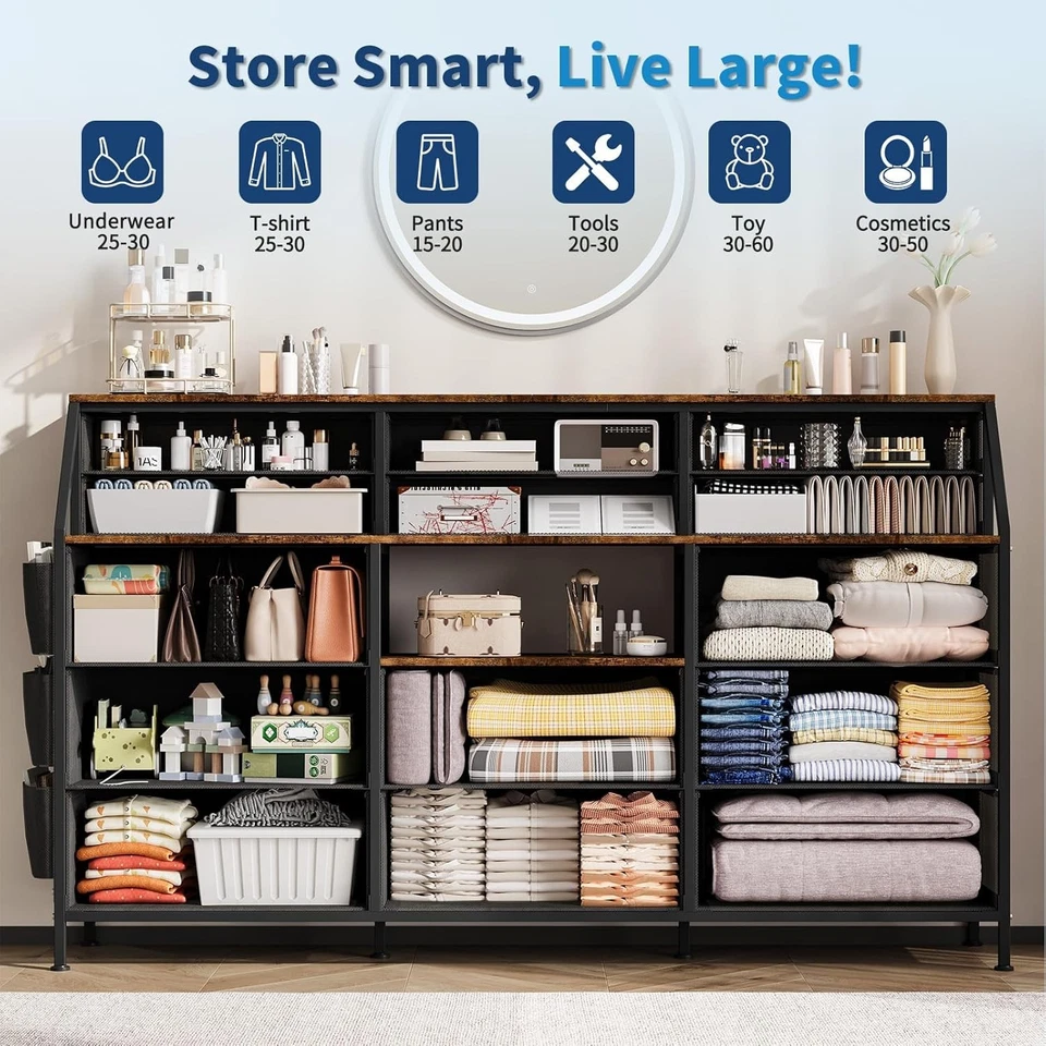 Cómoda Soporte TV 14 Cajones para Dormitorio Cómoda Marco de Metal Madera Superior Estante Abierto Foto 3 de 4