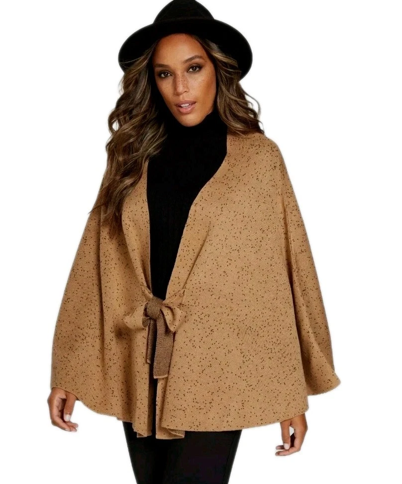 New York & Company ~Woman Size S/M~ Brown/Beige Tie-Front Sweater Poncho NWT.