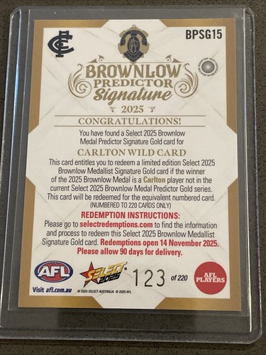 2025 Footy Stars Brownlow Predictor Signature 123/220 Gold Carlton Wildcard - Picture 2 of 2
