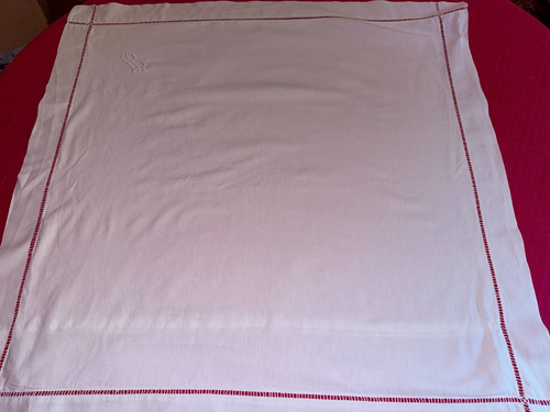Taie d'oreiller ancienne en coton brodé monogrammes LR 76 cm x 77 cm T155 - Imagen 2 de 5