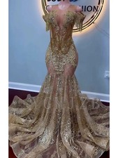 Glittler Gold Long Prom Dresses Luxury Off Shoulder Bead Formal Party Gowns