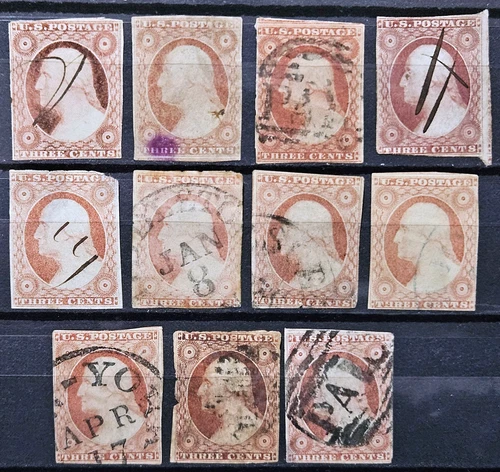 US Stamp Collection 1851-57 3c Washington Lot of 11 Used
