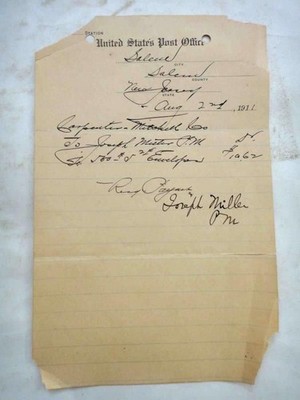 1911 antique POST OFFICE RECEIPT signed POST MASTER JOSEPH MILLER salem nj