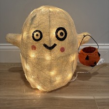 Halloween Light Up White Ghost With Pumpkin Basket Tested Works 14x17