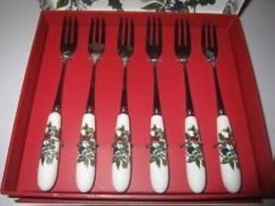 NIB Portmeirion Botanic Garden Mistletoe Set of Six Pastry Forks, Ceramic/Steel