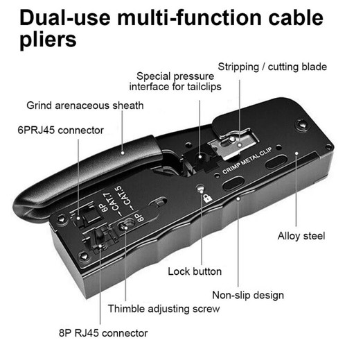 RJ45 Crimpzange + 12 Cat7 Stecker Set Netzwerk Werkzeug Lan Kabel Zange Cat 7 6 - Afbeelding 8 van 11