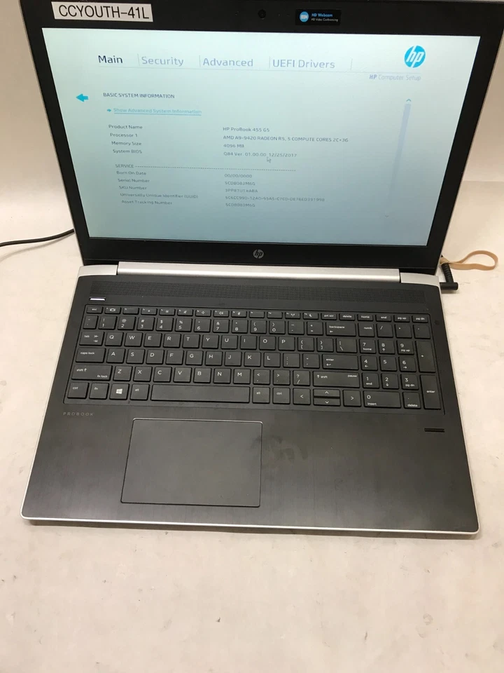 HP ProBook 455 G5 15 дюймов AMD A9-9420 4 ГБ RAM без жесткого диска/ОС на запчасти загрузочная петля как есть DW - Изображение 3 из 4