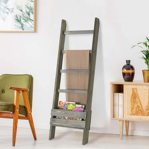 4-Rung Gray Solid Wood Towel or Blanket Ladder Rack with Magazine ...