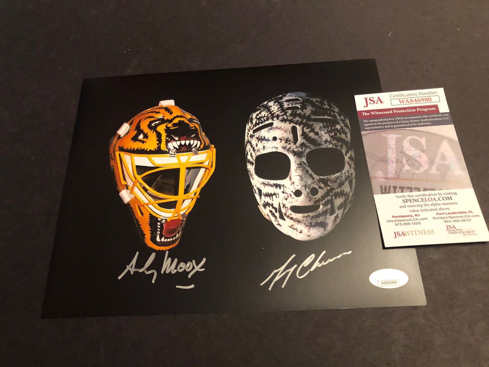 Gerry Cheevers Autographed Signed Boston Bruins JSA & ANDY MOOG 8x10 GREATEST MASKS PHOTO 980 
