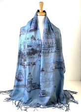 28"x66" OZSOY Turkey BLUE ISTANBUL LANDSCAPE FRINGE SHAWL WRAP SCARF (41D