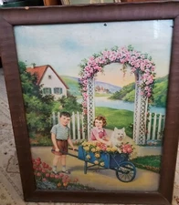 Vintage LITHOGRAPH 1950's Vivid Color Children Dog Cart Framed Glass 17x21 Art 