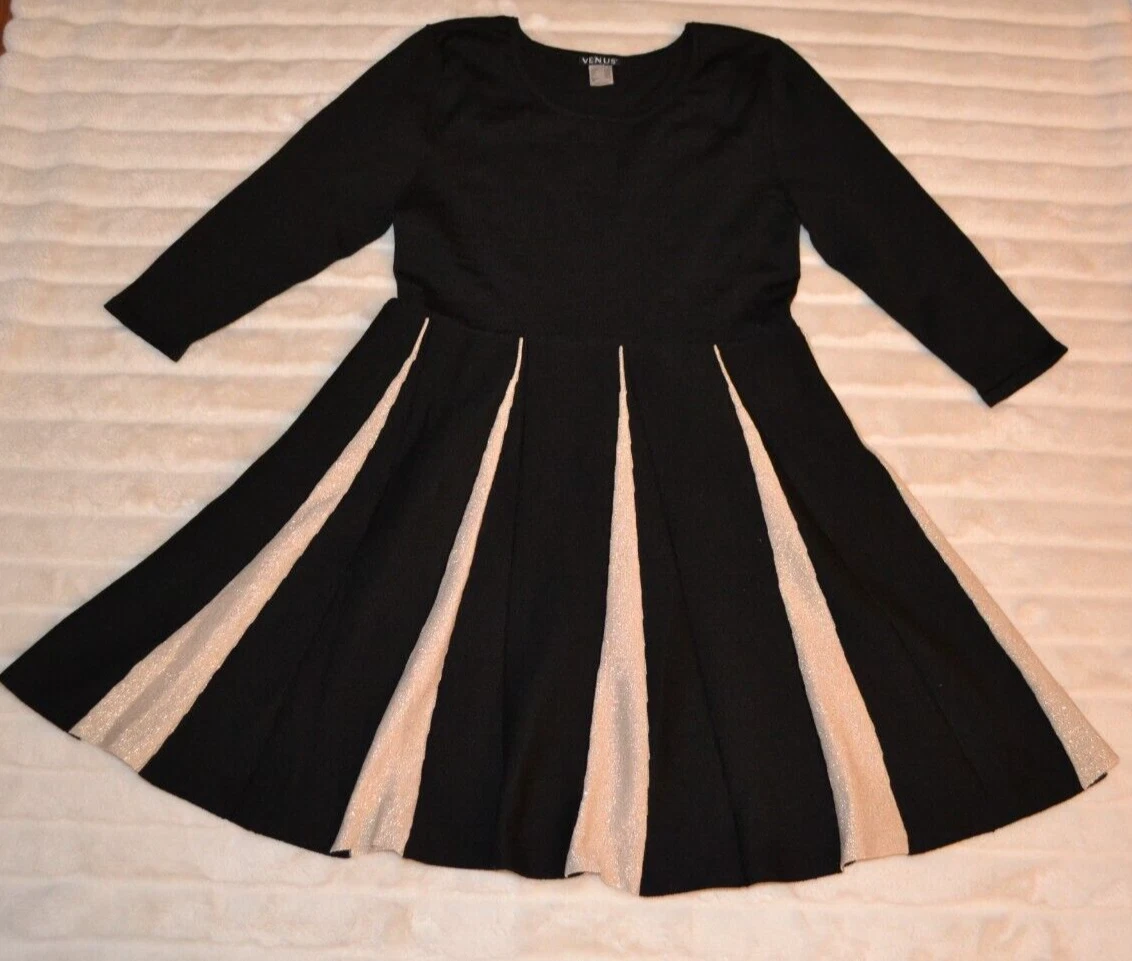 NWOT Venus black gold 3 4 sleeve A line Sweater dress sz L eBay