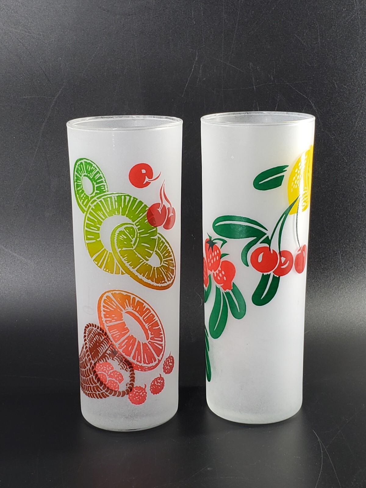 Set Of 2 Vintage Federal Glass Tall Frosted Fruit Tumblers Highball Glasses