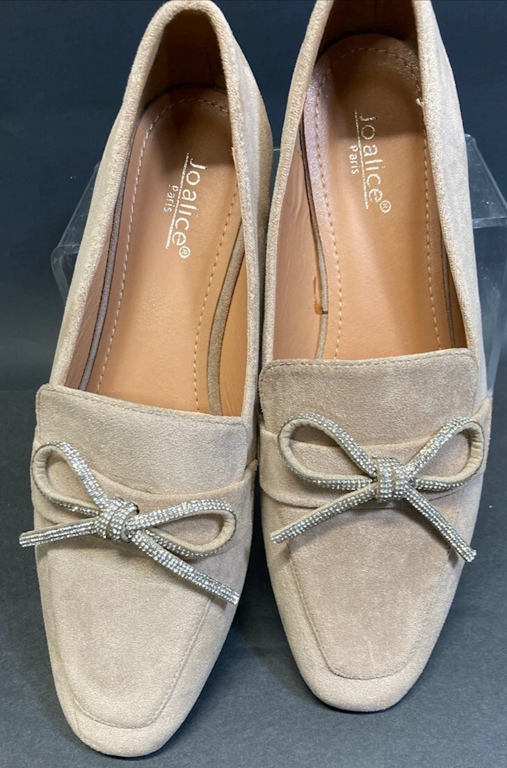 GORGEOUS Women's Joalice Paris Tan Suede Shoes Rhinestone Bows 9.5