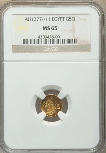EGYPT - OTTOMAN , GOLD 5 QIRSH SULTAN ABDUL AZIZ 1277/11 AH NGC MS 65 , RARE