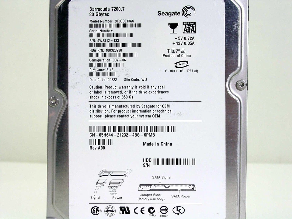 Dell 5H644 80GB 3.5" SATA Hard Drive by Seagate Barracuda 7200RPM ST380013AS - Image 3 of 4