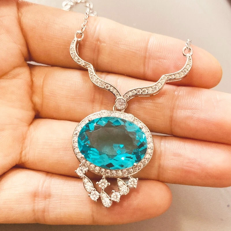 New Big Oval Blue Topaz Gemstone Charm Silver Women Girl Necklace Pendant - Image 3 of 4