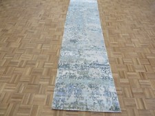 3 x 9'10 Runner Hand Knotted Blue Modern Abstract Oriental Rug With Silk G12184