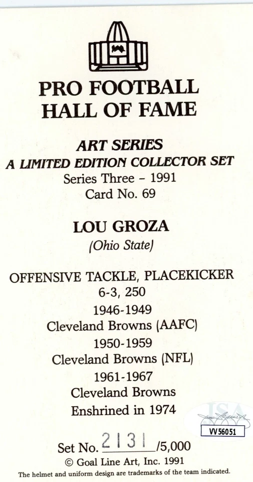 LOU GROZA Firmado GOAL LINE ART (GLA) BROWNS 1991 Certificado JSA Foto 2 de 3