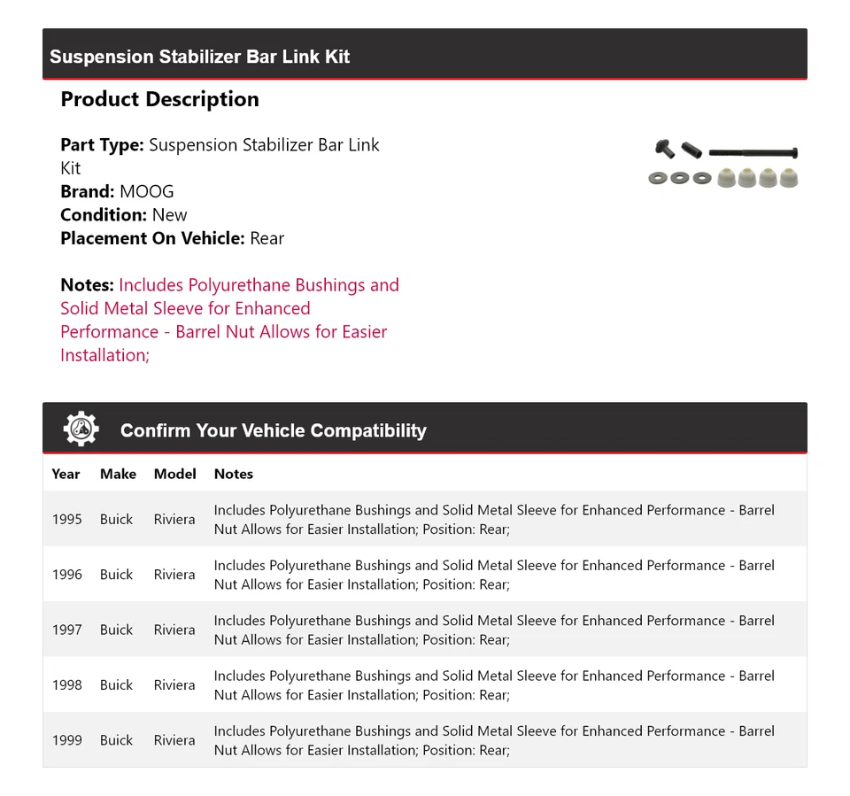 Kit de eslabones de barra estabilizadora de suspensión trasera MOOG 1995-1999 Buick Riviera 1995 Foto 2 de 4