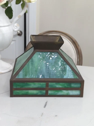 Antique  Green Slag Glass Arts & Crafts Mission Style Lamp Shade Tiffany Style