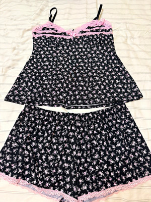 Laura Ashley Women's L Sleeveless Pajama Set Black/Pink Floral Lace Bow