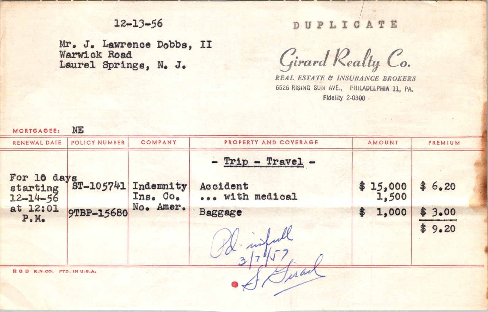 1956 Girard Realty Trip Travel Insurance Binder - Indemnity Ins Co Of No Amer