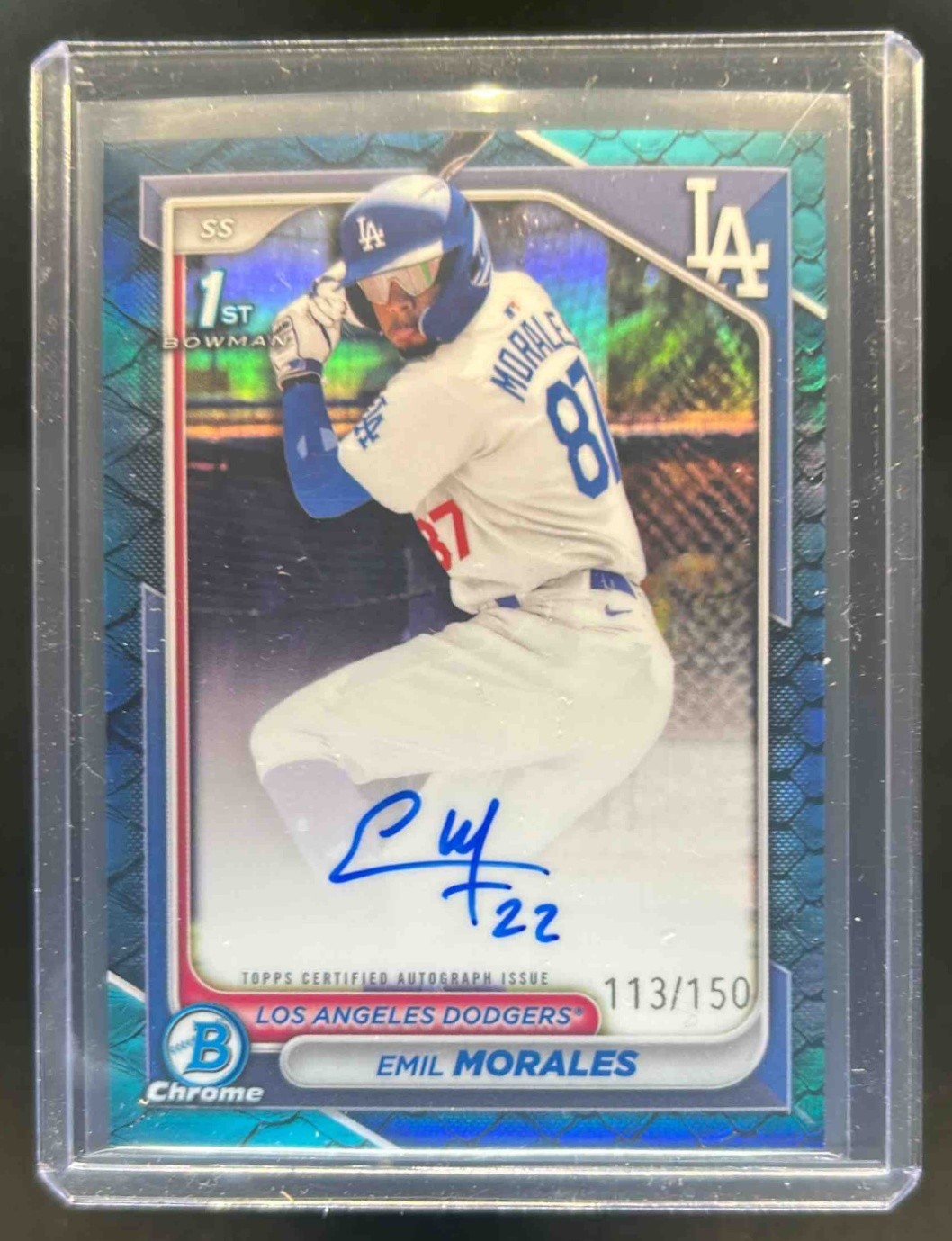 2024 Bowman Chrome Emil Morales Auto Reptilian Blue Refractor 1st #113/150