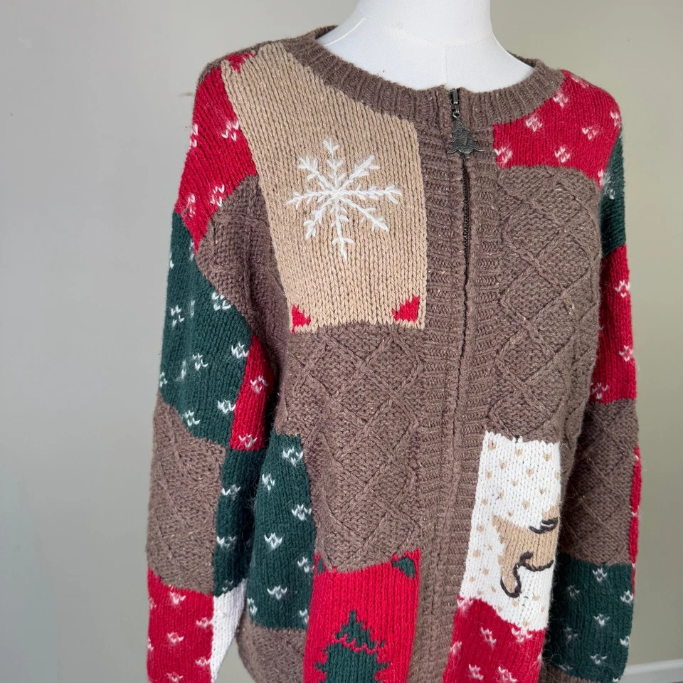 Suéter feminino Studio Works lã feio Natal com zíper EUA M - Imagem 3 de 4