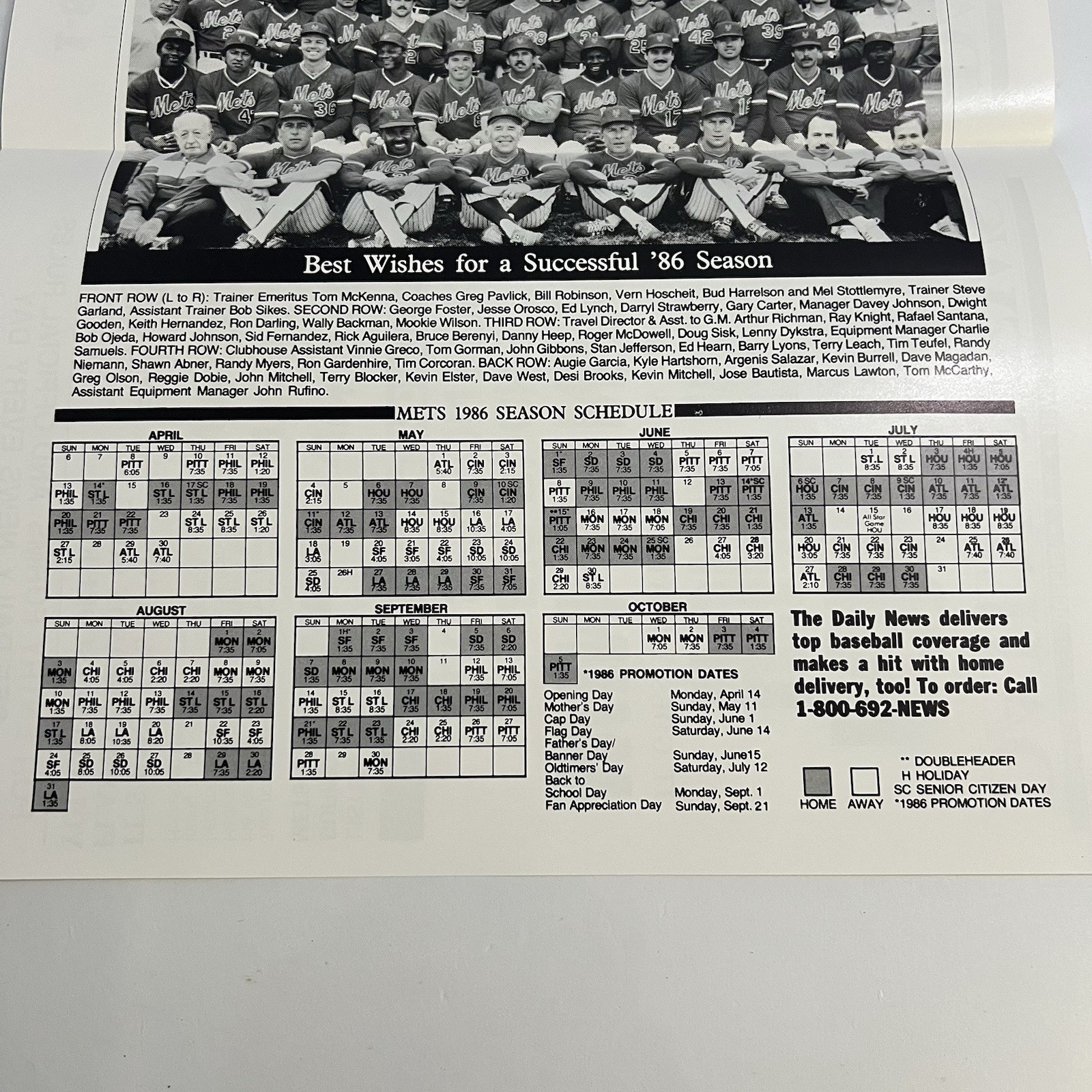 1986 New York Mets Daily News Team Photo & Schedule World Series Season 15x11"