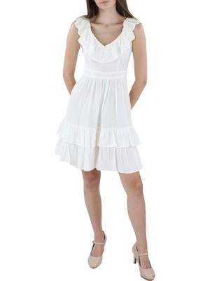 CALVIN KLEIN Womens White Neckline Hem Flutter Sleeve Dress Petites 4P