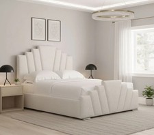 Art Deco Sunrise Crown Bed Frame Plush Velvet Upholstered Gas Lift Storage 4FT6