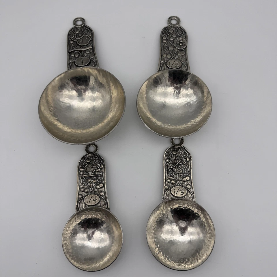 Crosby & Taylor Pewter Measuring Cup Set of 4 Hammered Bird Floral Kitchen Decor - Image 2 of 4