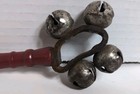 Antique Victorian Baby Rattle Wood Leather 4 Jingle Sleigh Bells 5 1/2" — photo 3