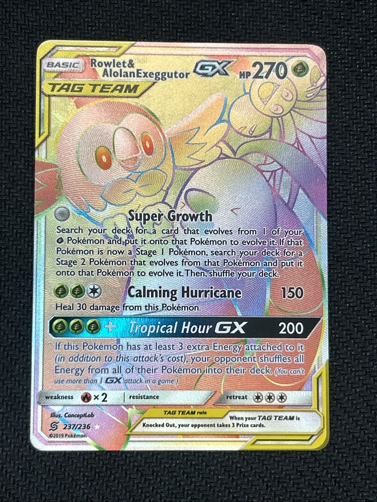 NM Rowlet & Alolan Exeggutor GX (Secret) 237/236 Sm-Unified Minds Holo
