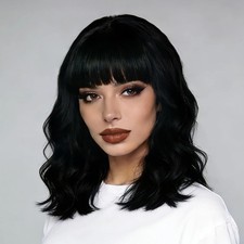 Black Wigs for Women Short Bob Wavy Wig with Bangs 14 Inch