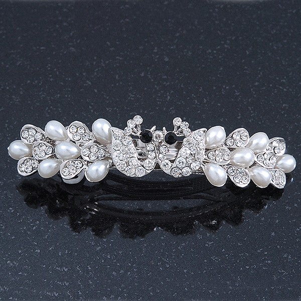 Crystal Barrette Clip with Simulated Pearl for Wedding Pearl Hair Barrette, Swarovski Crystal Hair Barrette, Bridal  main image 2