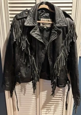 Vintage Open Road Black Leather Jacket Fringe Size 44 Motorcycle/Biker