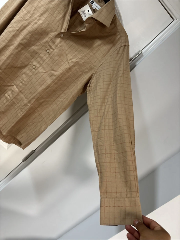 Camisa deportiva de vestir grande Bachrach para hombre color tostado a cuadros mezcla de algodón cuello en punta L/S Foto 4 de 4