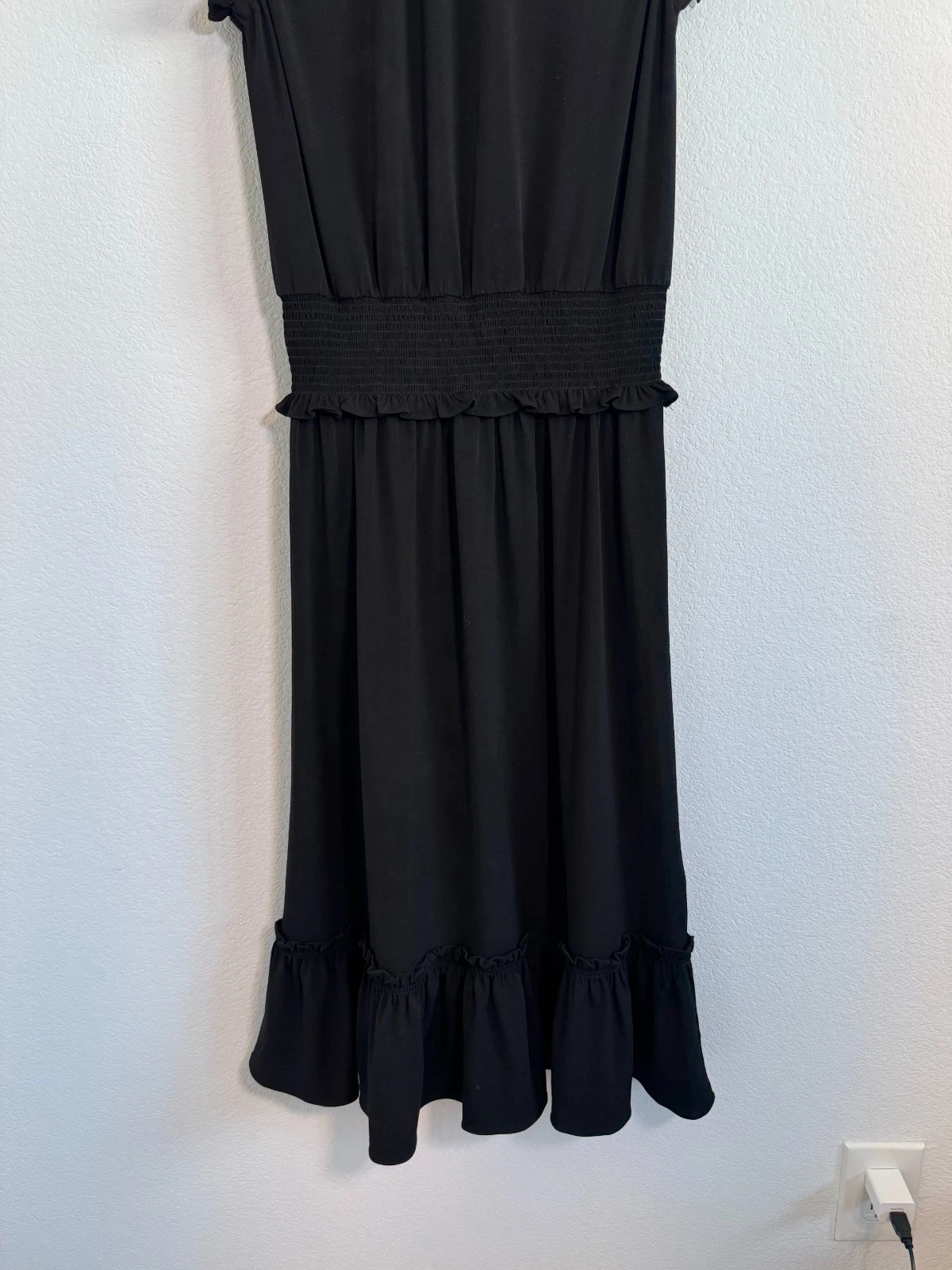 Abito Michael Kors maglia opaca smocked donna S nero orlo con volant senza maniche