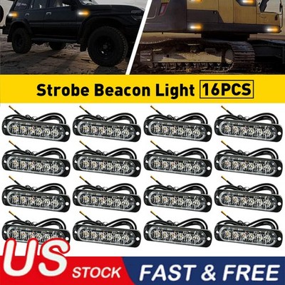 16X 6 LED Amber White Grill Side Marker Emergency Strobe Light Bar Kit Tow Truck
