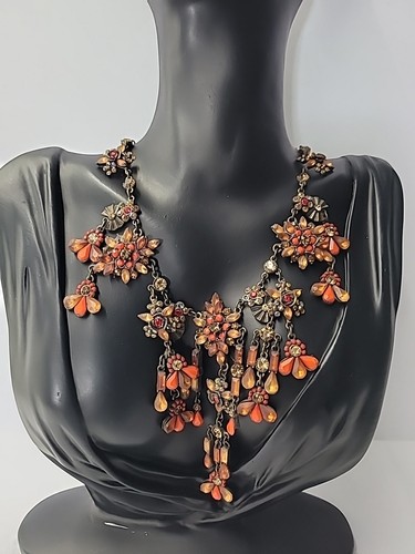 Vintage Style Floral Statement Necklace Orange Rhinestone Fringe Bib Jewelry