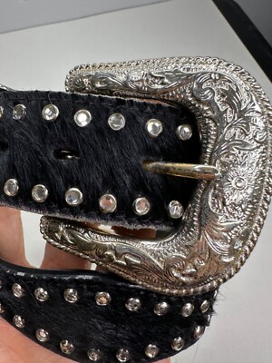 Ranger Belt Company Black Pony hair Leather Rhinestones Wavy 