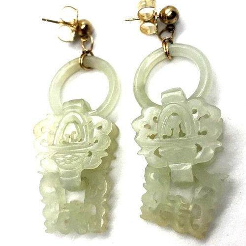 Ancien Chinois Sculpté Devil's Travail Nephrite Jade Boucles 14k or Jaune Pâle - Photo 10 sur 11