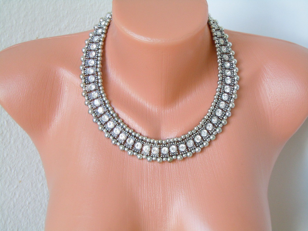 Statement Necklace With Clear Transparent Rhinest… - image 1