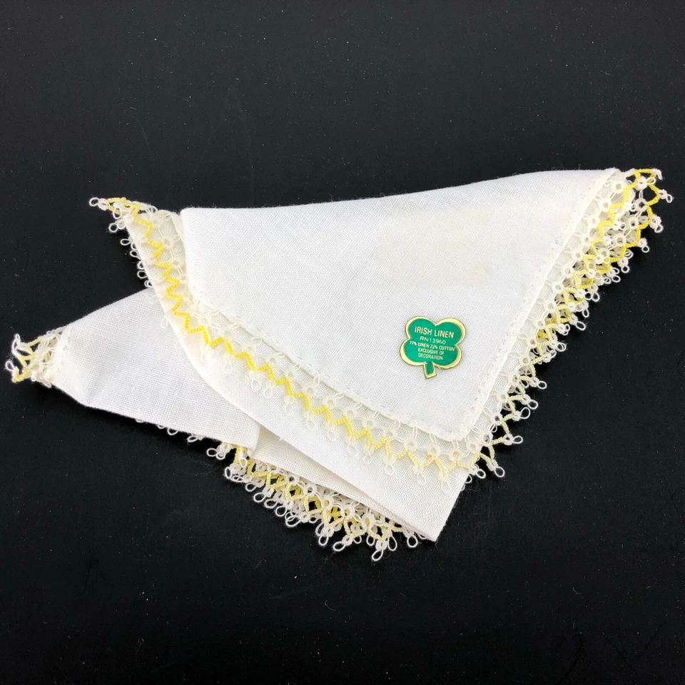 Pañuelo Vintage Pañuelo Irlandés Lino Mezcla de Encaje Borde de Algodón Amarillo Blanco Nuevo de Lote Antiguo Foto 2 de 4
