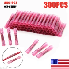 300 Pcs Red Heat Shrink Butt Wire Connectors Crimp Terminals AWG 16-22 Gauge US