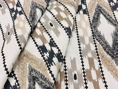 Gaston y Daniela Diamond Ikat Embroidery Fabric- Queen / Beige, Gris 1.10 yds